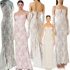 🆕 BRONX & BANCO 🧿 NWOT Kiera White Lace Bridal Gown with Gloves - Sz L US 8